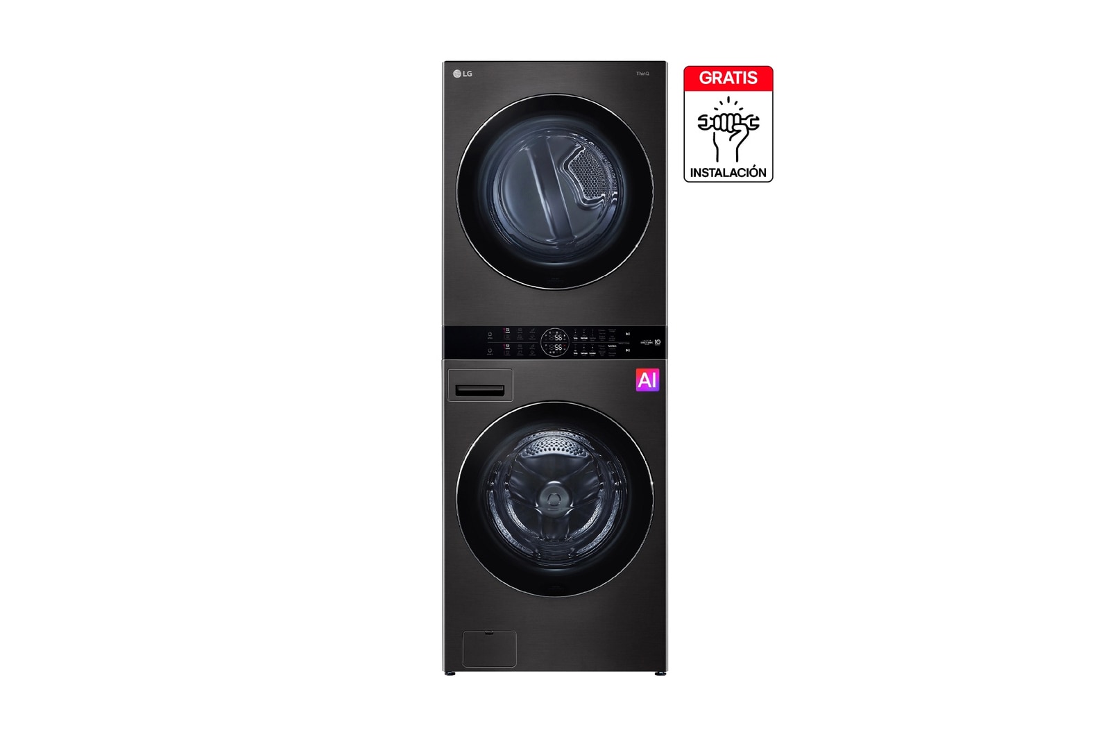 Vista frontal de Washtower™ LG 25Kg/22Kg Negro AIDD™ TurboWash360™ Steam™  WK25BS6